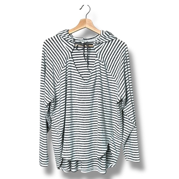 LUCKY BRAND Super Soft Grey / Cream Striped Hoodie Long Sleeve US Sz L - Picture 3 of 10